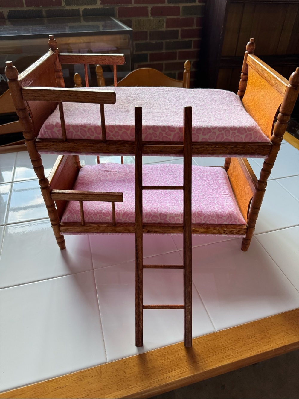 ‘70’s Wooden Doll Bunk Bed with Pink Fabric Mattresses